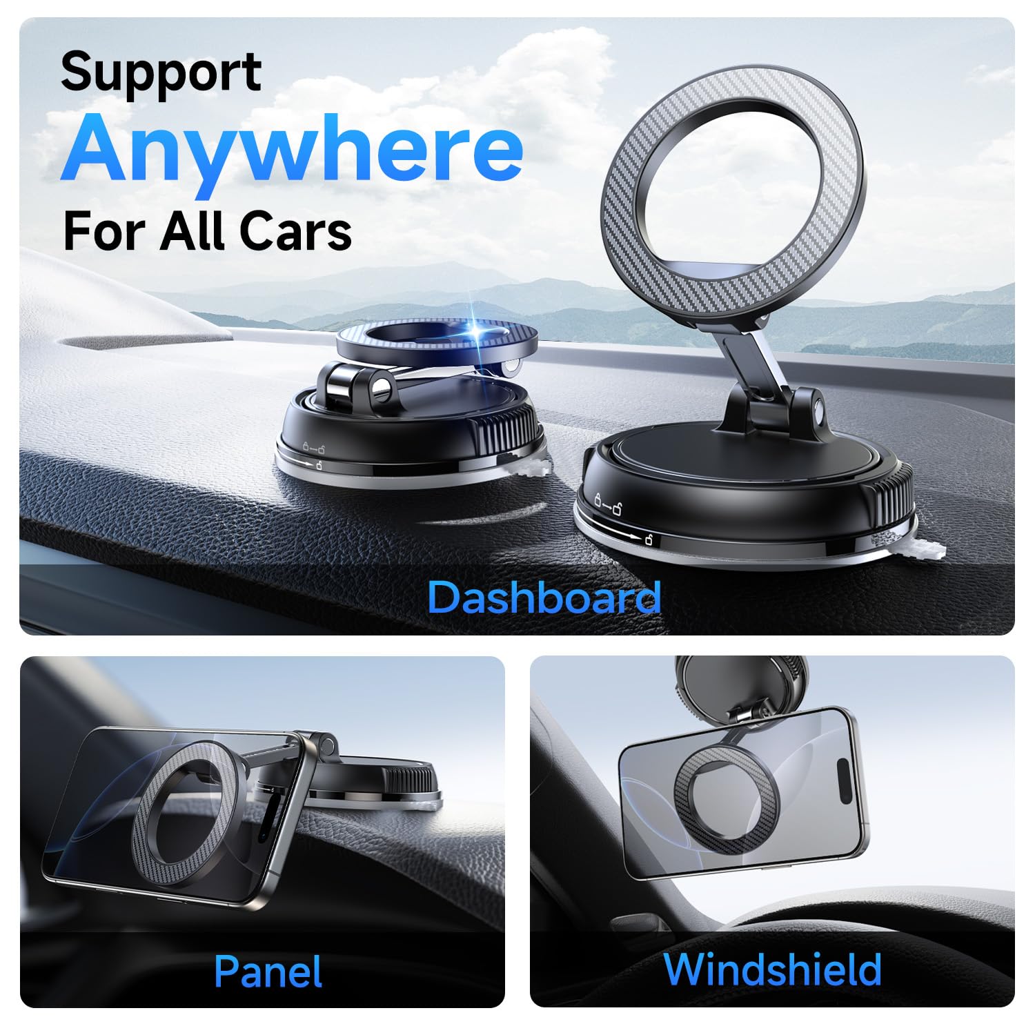 ANDERY Car Phone Holder for Magsafe [78+LBS Strongest Suction & 2400gf Strongest Magnetic] 360° Adjustable Car Phone Mount, Phone Holders for Your Car for iPhone 17-12 Pro Max Air Plus (Carbon Fiber)